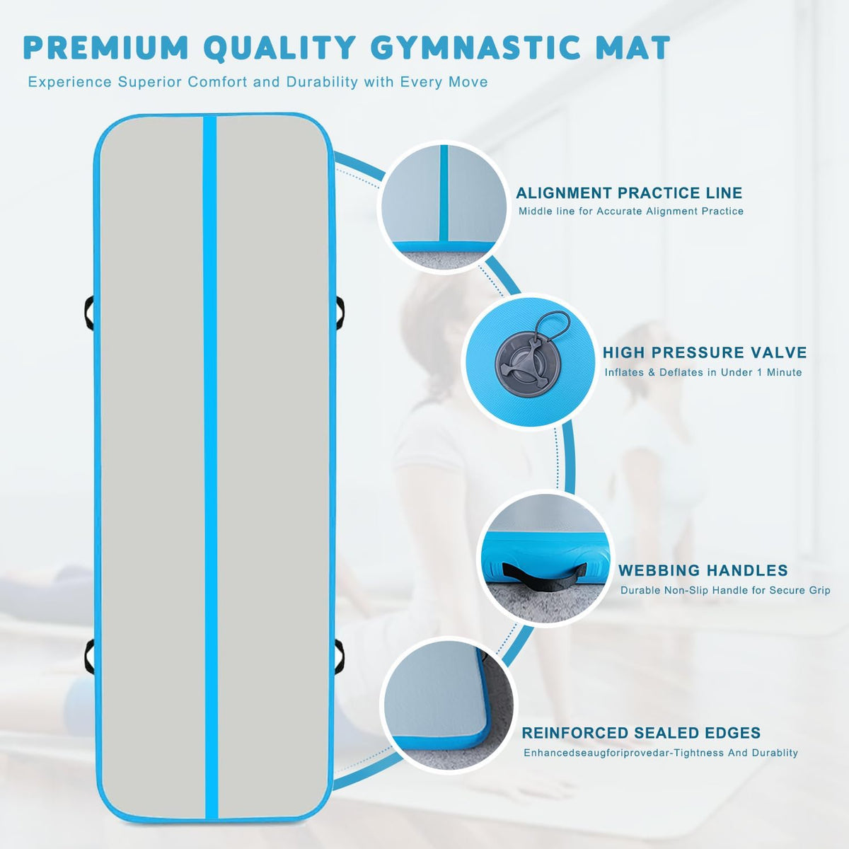 InflatoX Inflatable Air Gymnastics Mat Training mat Thick tumbling mat with Electric Pump for Home/Gym/Outdoor (Blue/Blue, 13.12ft*3.3ft*4in(4 * 1 * 0.1M))