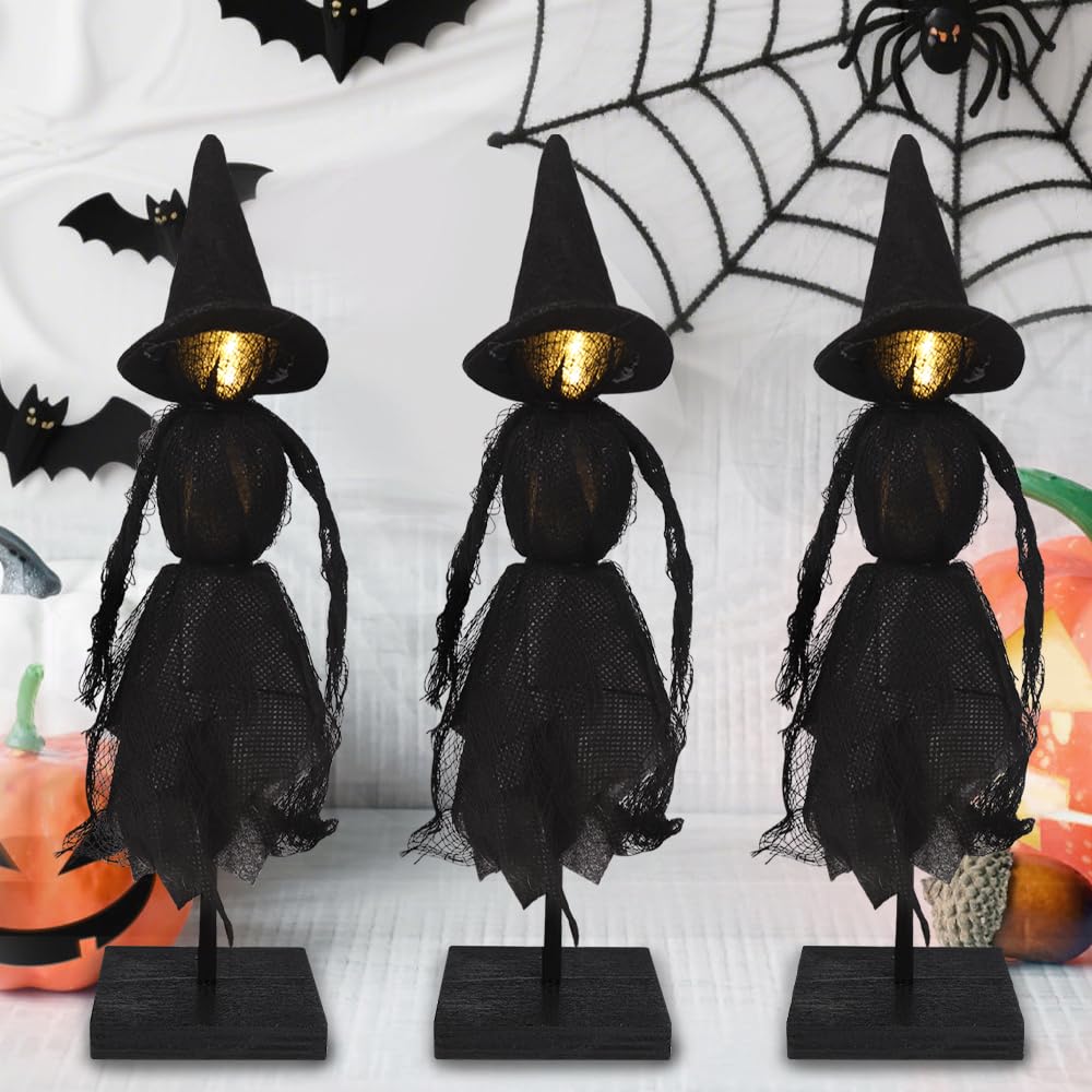 DIYDEC Witch Decorations Indoor 3pcs Primitive Halloween Witch on Wooden Stand with LED Halloween Table Centerpieces Signs for Home Shelf Mantels Kitchen Indoor Decorations Gifts