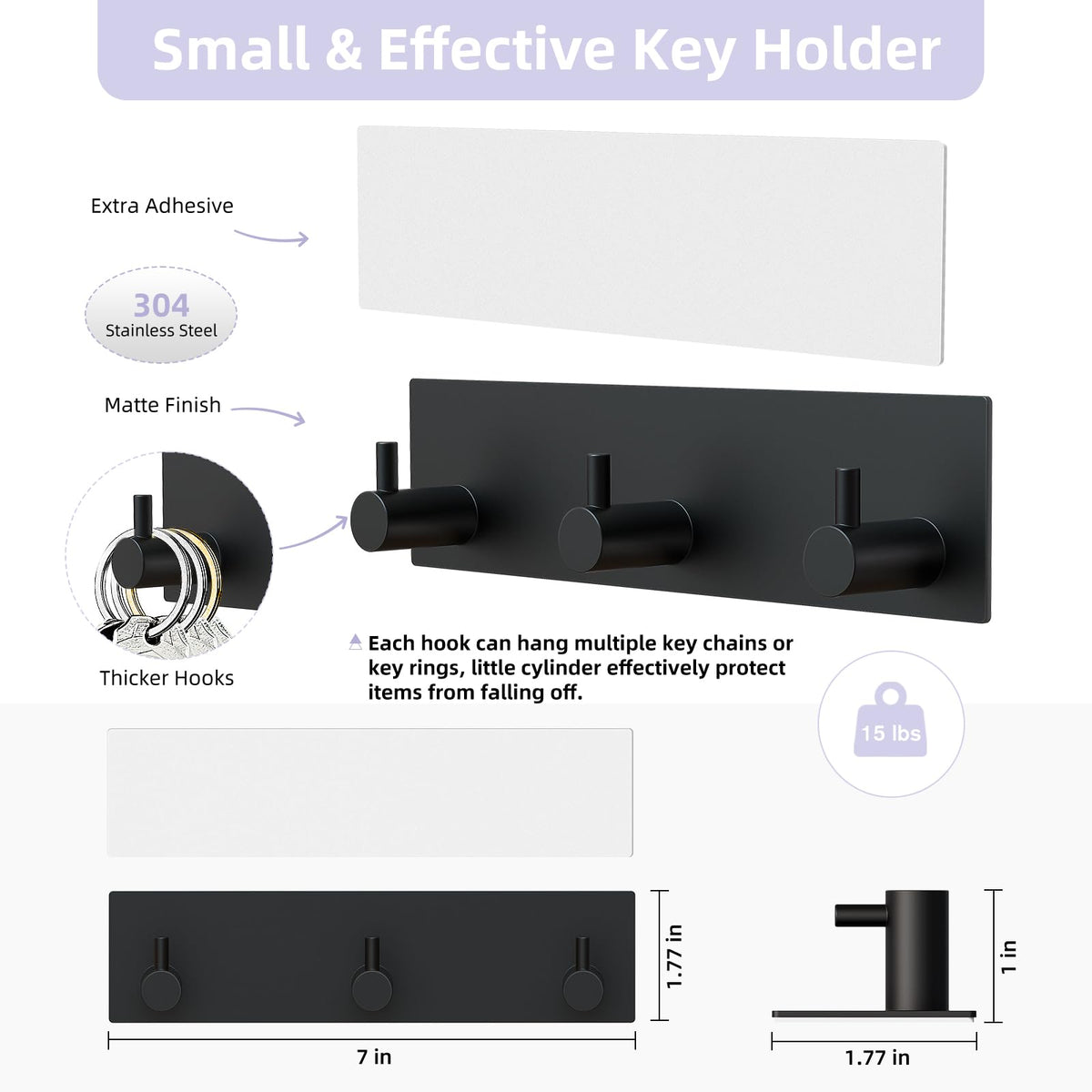 VIS'V Key Holder Wall Mount, Small Metal Self Adhesive Key Hanger with 3 Hooks, No Drilling, Extra Adhesive Strip, Black
