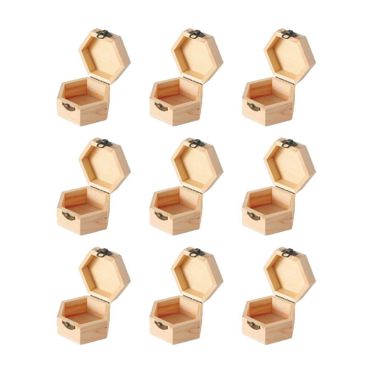 12 pcs Unfinished Vintage Wooden Hexagonal Pine Storage Boxes, 3.8X3.3X2.2in with Hinged Lids and Front Buckles for DIY Handmade Wooden Jewelry Box