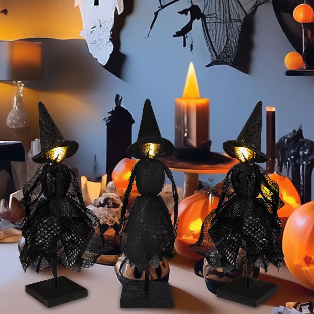 DIYDEC Witch Decorations Indoor 3pcs Primitive Halloween Witch on Wooden Stand with LED Halloween Table Centerpieces Signs for Home Shelf Mantels Kitchen Indoor Decorations Gifts