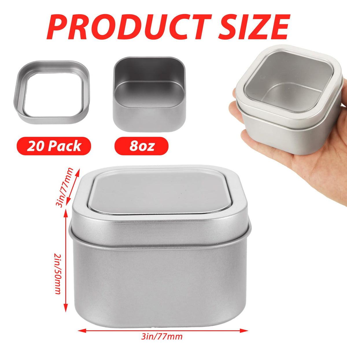 LDXDRU 20Pcs 8oz Metal Tin Cans, Square Empty Containers with Clear Top, Tin Containers With Lids for Candles Salve Cosmetic Candies Food Storage