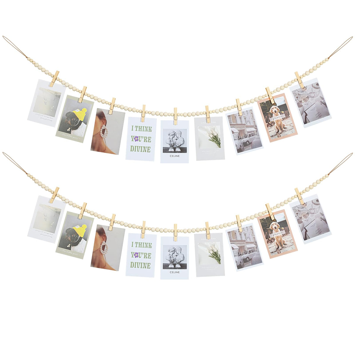 KLOGTSIND Hanging Photo Display Wall Decor, 2PCS Boho Wooden Bead Garland Collage Picture Frame with 9 Wood Clips for Bedroom, Living Room, Office, Dorm Decor, Photos Holder Teen Girl Gifts