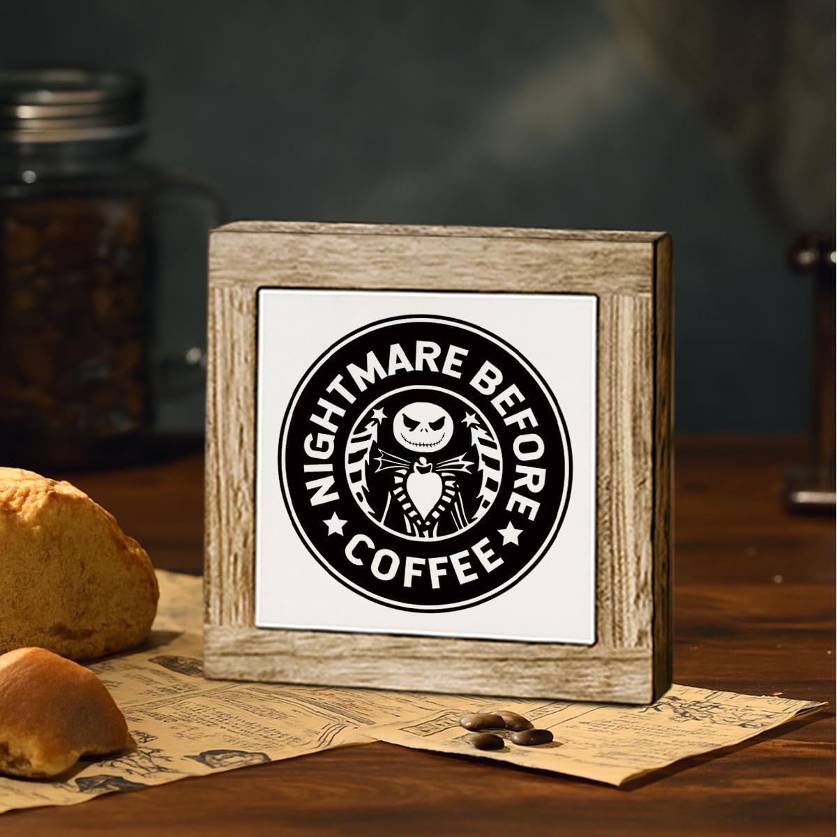 Nightmare Before Coffee Sign, Funny Cafe Decorative, Coffee Tiered Tray Halloween Sign, Spooky Gothic Neutral Black Skull Decor, Cafe Tabletop Decoration 5.9X5.9 Inches