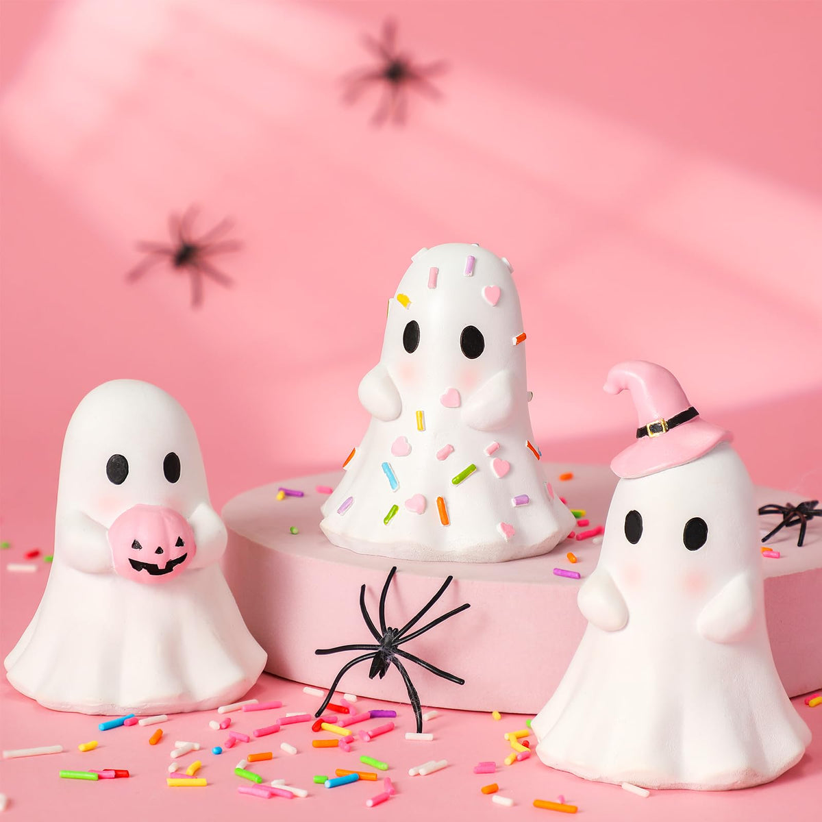 Yousoontic 3 Pcs Pastel Halloween Ghost Figurines Pink White Cute Ghost Summer Halloween Table Decor Tiered Tray Decorations Pastel Resin Statue Centerpieces for Home Mantel Tabletop Desk Party Office