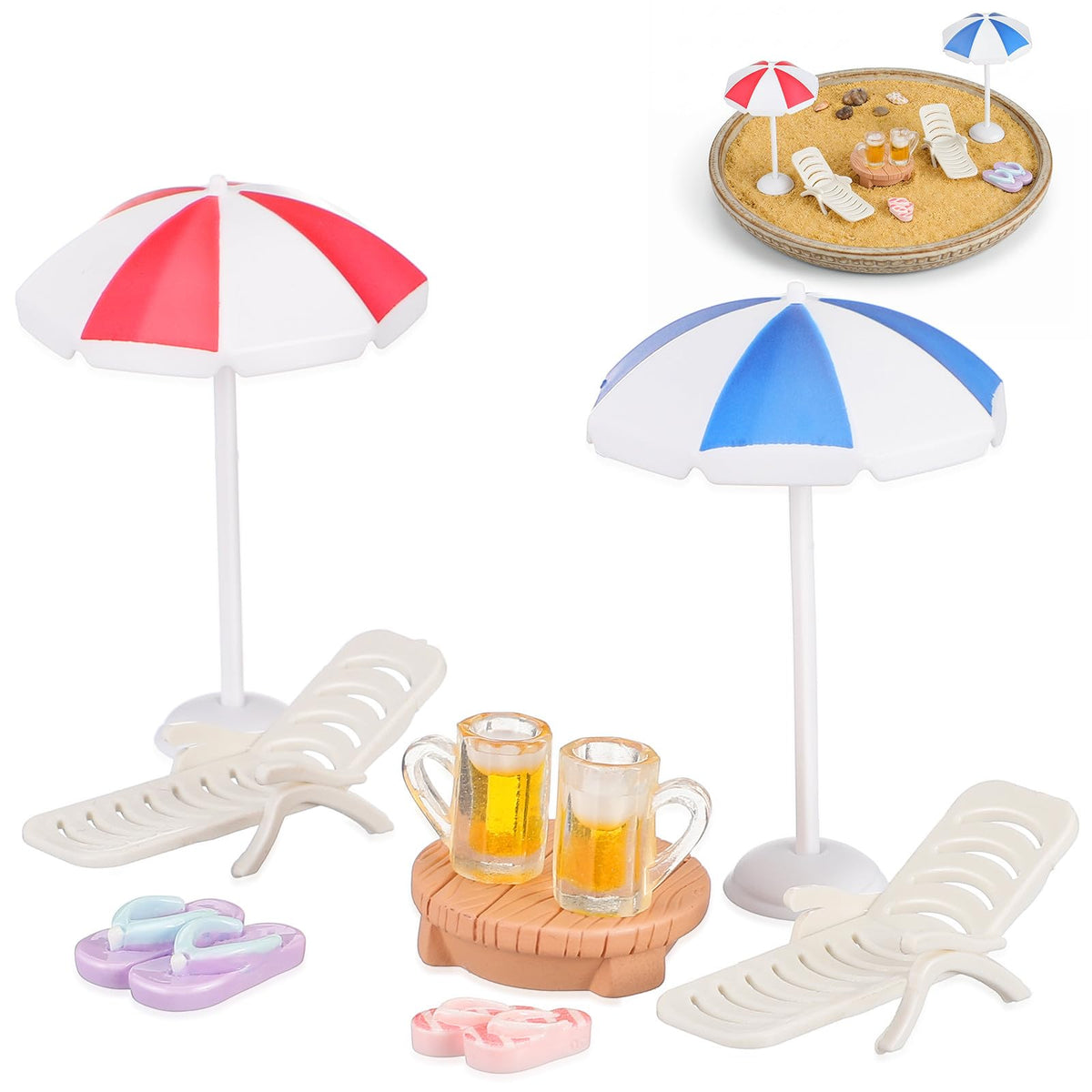 9pcs Miniature Beach Decor - Mini Umbrella Chair Table and Drinks Set for Dollhouse Furniture, Beach Cake Decorations Toppers - Micro Resin Miniature Dollhouse Accessories for Fairy Garden, Pool