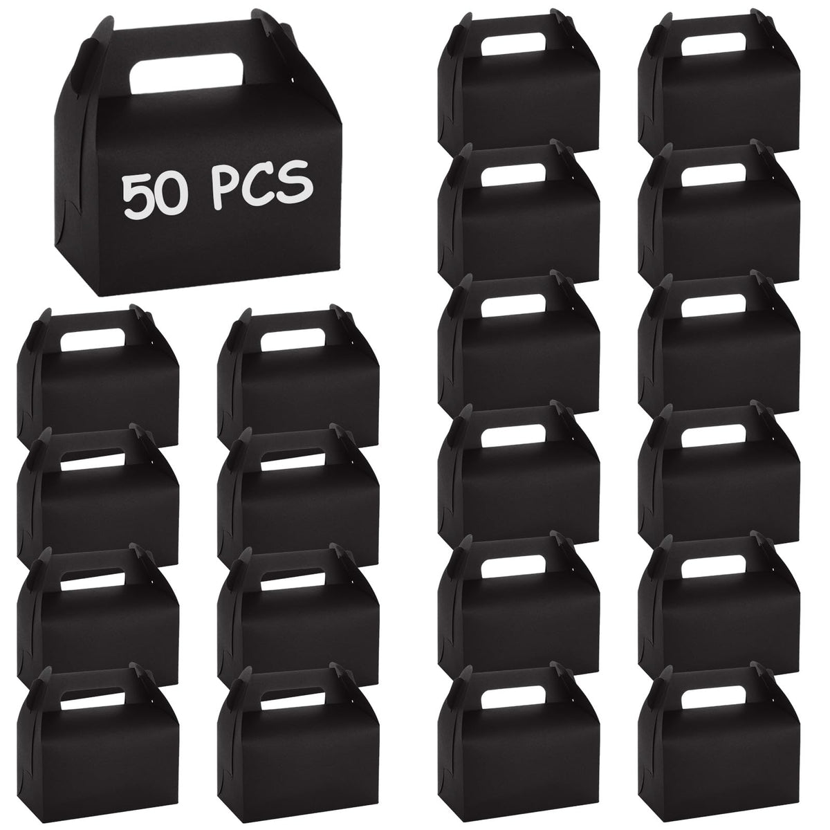 ABuff 50 Pack Black Gable Treat Boxes, Goodies Favor Gift Box for Kids, Party Favor Boxes for Snacks, Candy, Toys, Baby Showers Birthday Party Wedding, 6.3x3.5x3.2 Inches