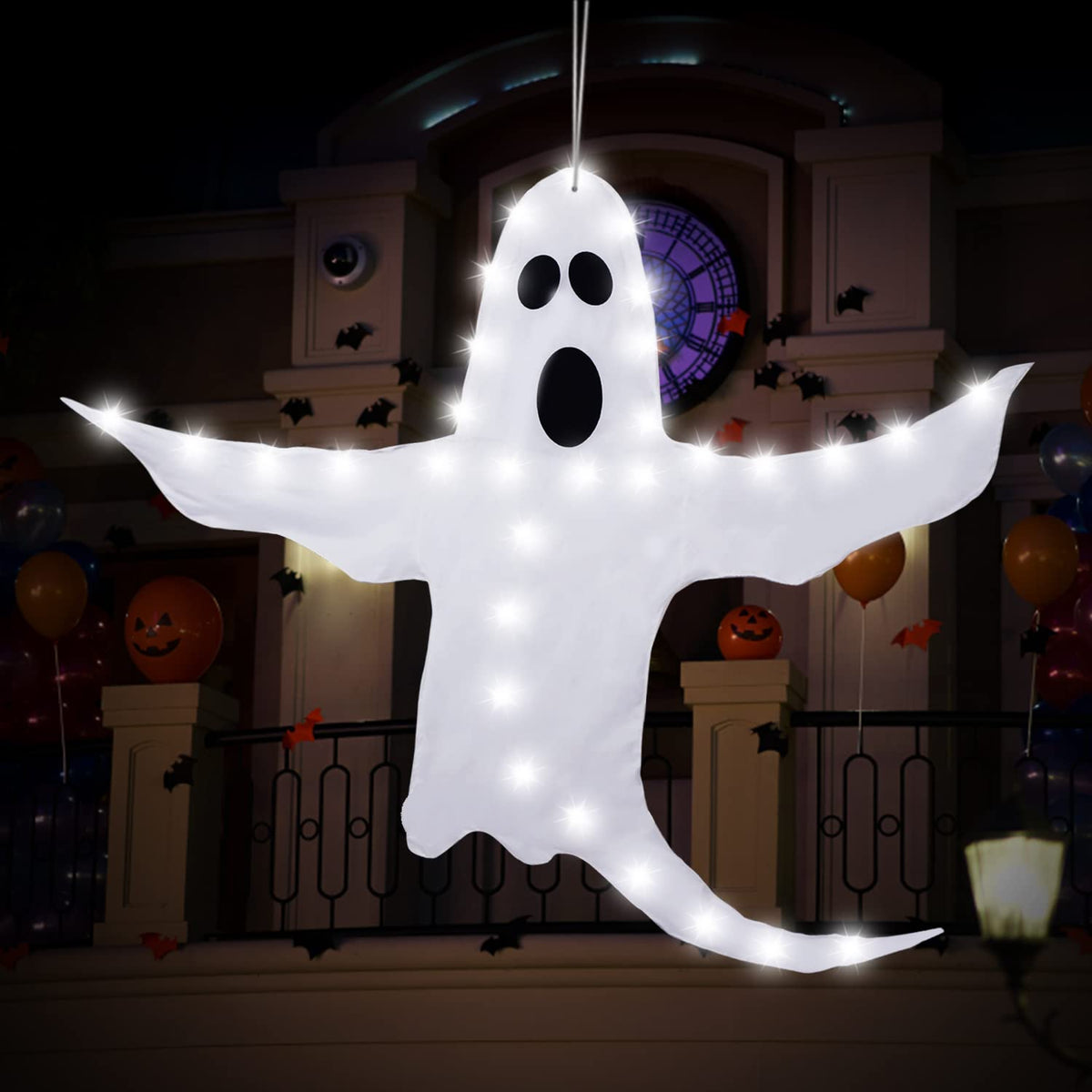 CCINEE Peek A Boo Hanging Ghost with White Lights 50" X 53" Prelit Large Spooky Outdoor Tree Wrap Ghost Decoration for Halloween Party Lawn Patio Haunted House Props Supply