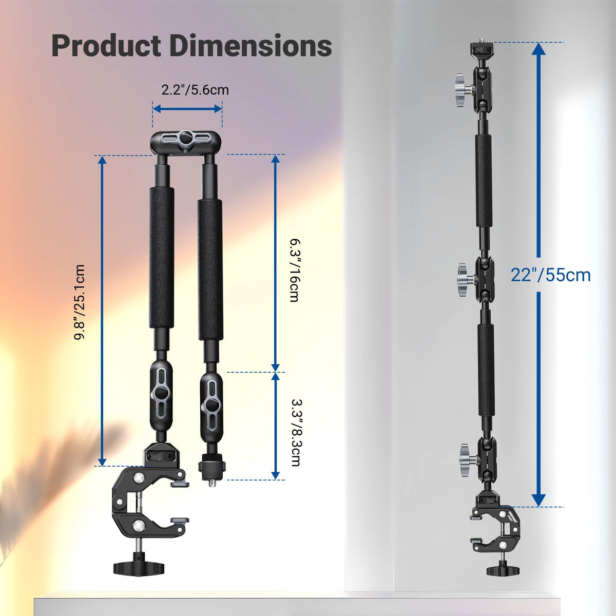 NEEWER 22" Magic Arm w Desk C Clamp, Overhead Camera Mount with Articulating Mic Boom Arm 1/4" 3/8" Threads for ARRI, Desktop Stand Holder for Phone Microphone Webcam Action Camera Video Light, UA057
