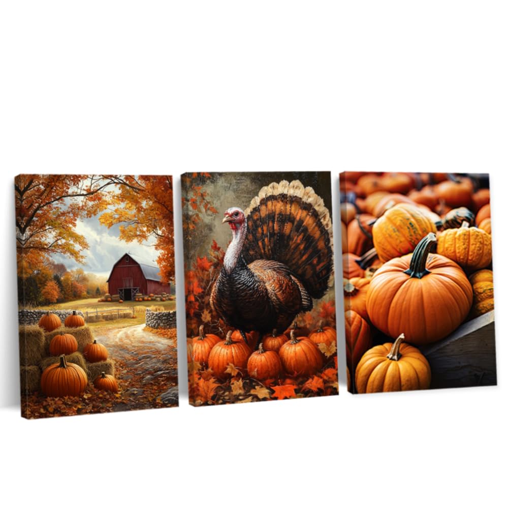 CCWORKERRY Fall Picture Wall Art Set of 3 Barn and Pumpkin Canvas Prints Autumn Painting Rural Harvest Poster Farmhouse Kitchen Decor Framed(Orange,12" x 16"x3P)