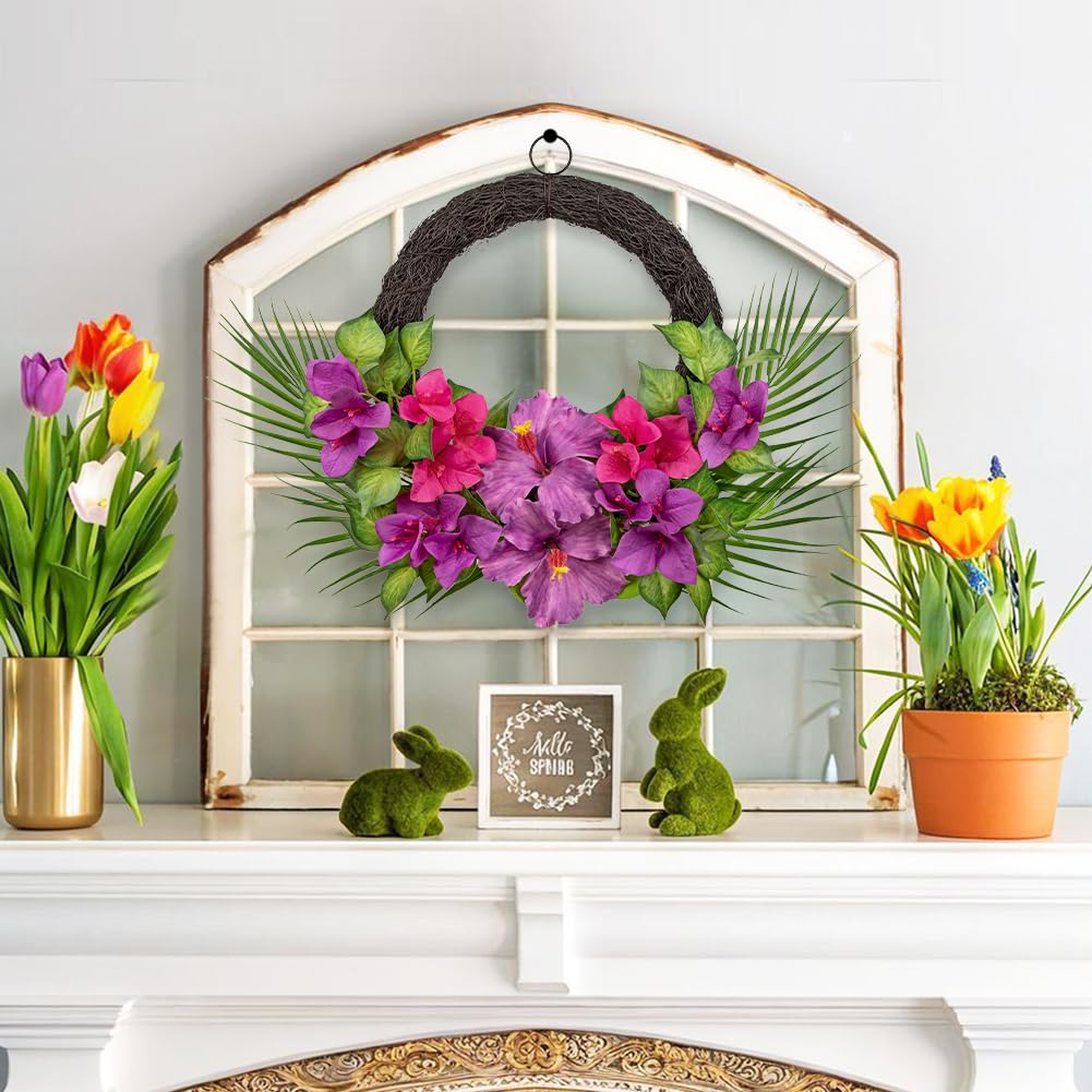 Briful Tropical Floral Wreath for Front Door, 19.6" Artificial Pink & Purple Hibiscus Flower Wreath with Palm Leaves, Summer Spring Wreaths for Wall Mantle Window Home Porch Decor