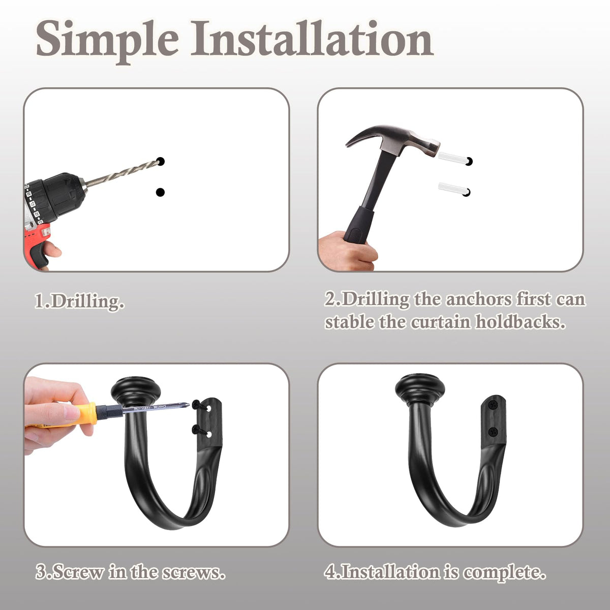 Primero Basics Black Curtain Tiebacks - Wall-Mounted Curtain Holdbacks, Elegant Curtain Hooks for Drapes, Curtain Holders for Wall, Tie Backs for Curtains, Modern Curtain Hooks,2 Pack