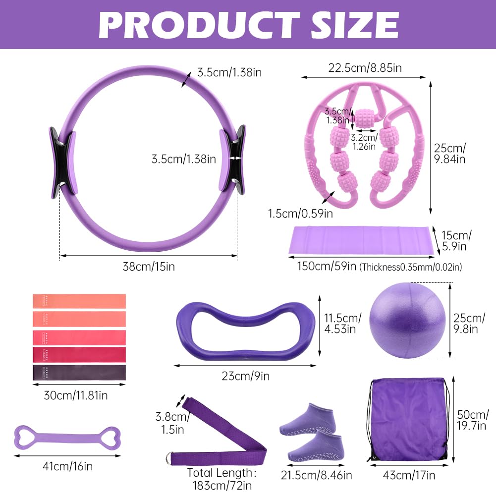 Yonderfume Pilates Essentials Kit for Women, 14 Pcs Home Workout Equipment with Pilates Circle Ball Ring Set Resistance Bands and Anti Slip Sock, Yoga Pilate Essentials Accessories(Color:Purple)