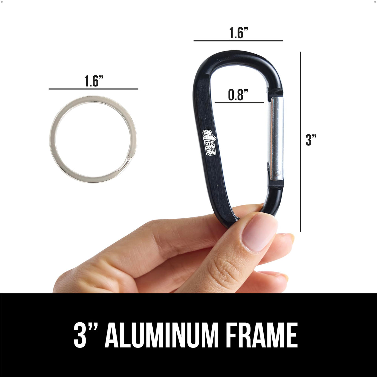 GORILLA GRIP Carabiner Clip, 3" D Ring, Pack of 6 Heavy Duty Aluminum Key Holder Clips Hold 170lbs, Rust, Scratch-Resistant Camping Essentials, Hiking Gear, Tactical Backpacking Keychains, Black