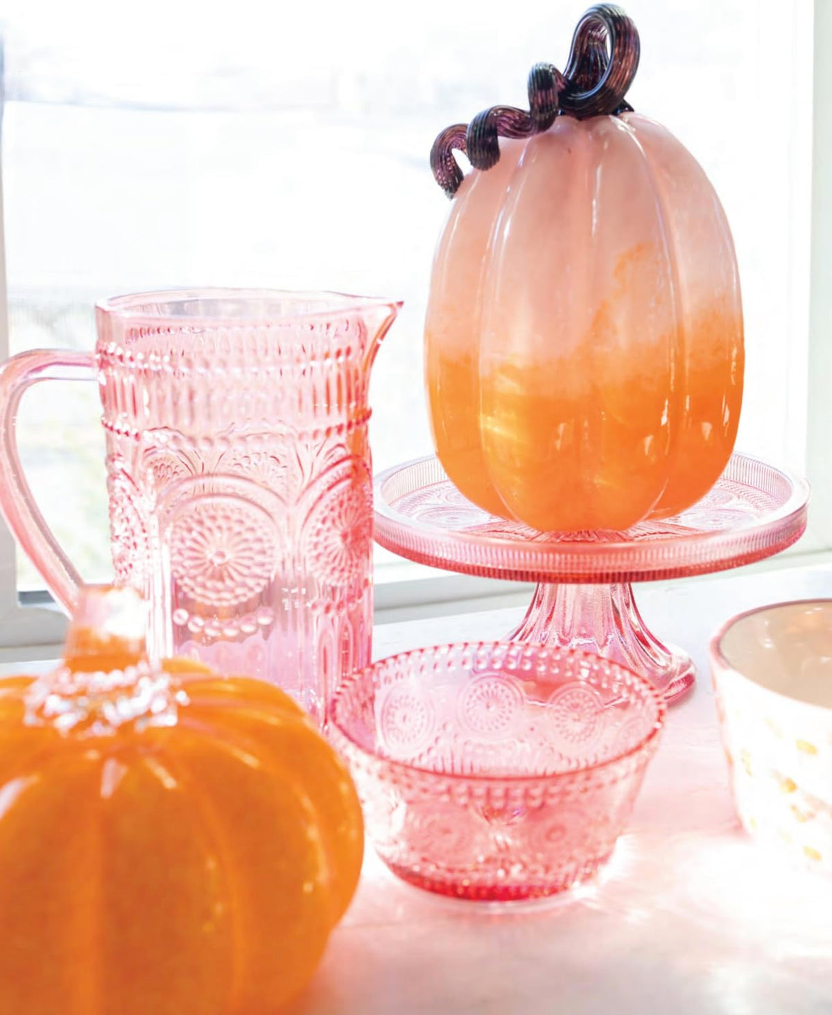 Boston International Handblown Art Glass Pumpkin Thanksgiving Halloween Decorations for Home, Large, Ombre Pink & Orange
