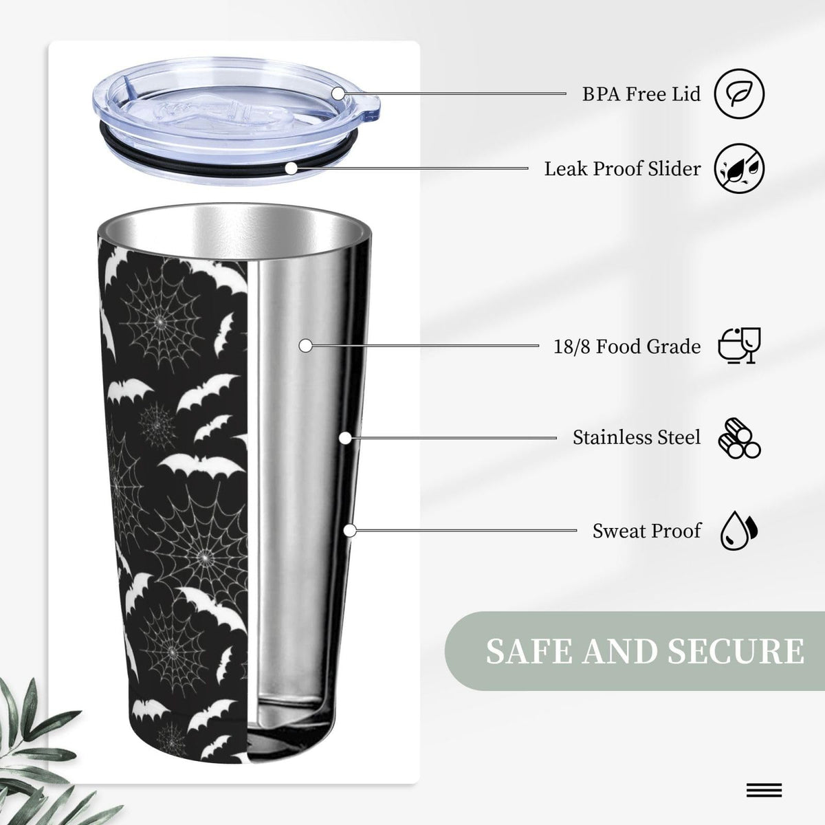 YIKISSKID Halloween Bats 20oz Tumbler with Lid and Straw for Women Men, Halloween Spider Web Insulated Mug White Bat Spider Web Stainless Steel Tumbler Double Wall Vacuum Travel Mug Coffee Cup