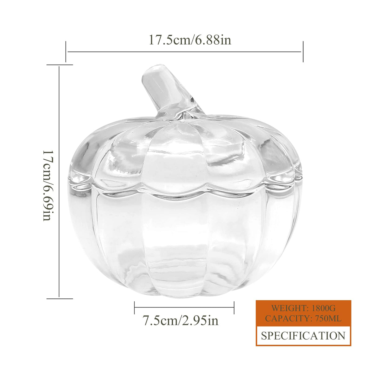 LIDSCURA Glass Pumpkin Jar with Cover, Halloween Pumpkin Candy Bowl with Lid, Transparent Pumpkin Cookie Bucket, Decorative Sugar Storage Container for Home Decor Party Wedding Decorating