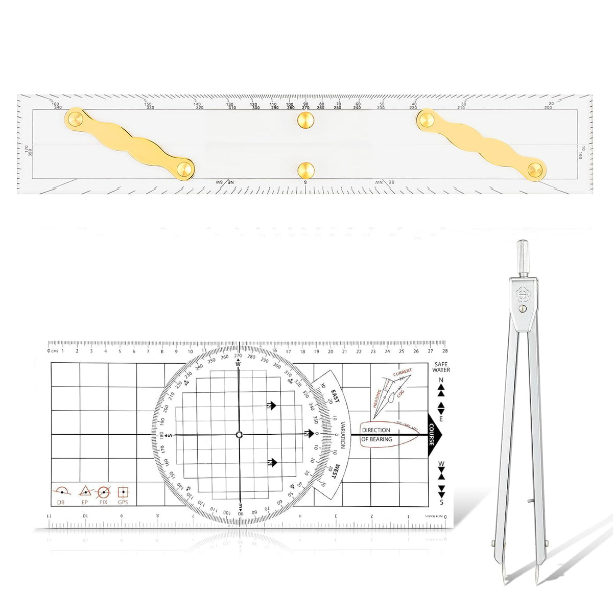 Ironwarrior 3 Pcs Basic Navigation Set,Including 15inch Parallel Ruler with Brass Arms, Nautical Protractor, and 6 Inch Marine Fixed Points Divider, Marine Accessories with Clear Scales for Boat
