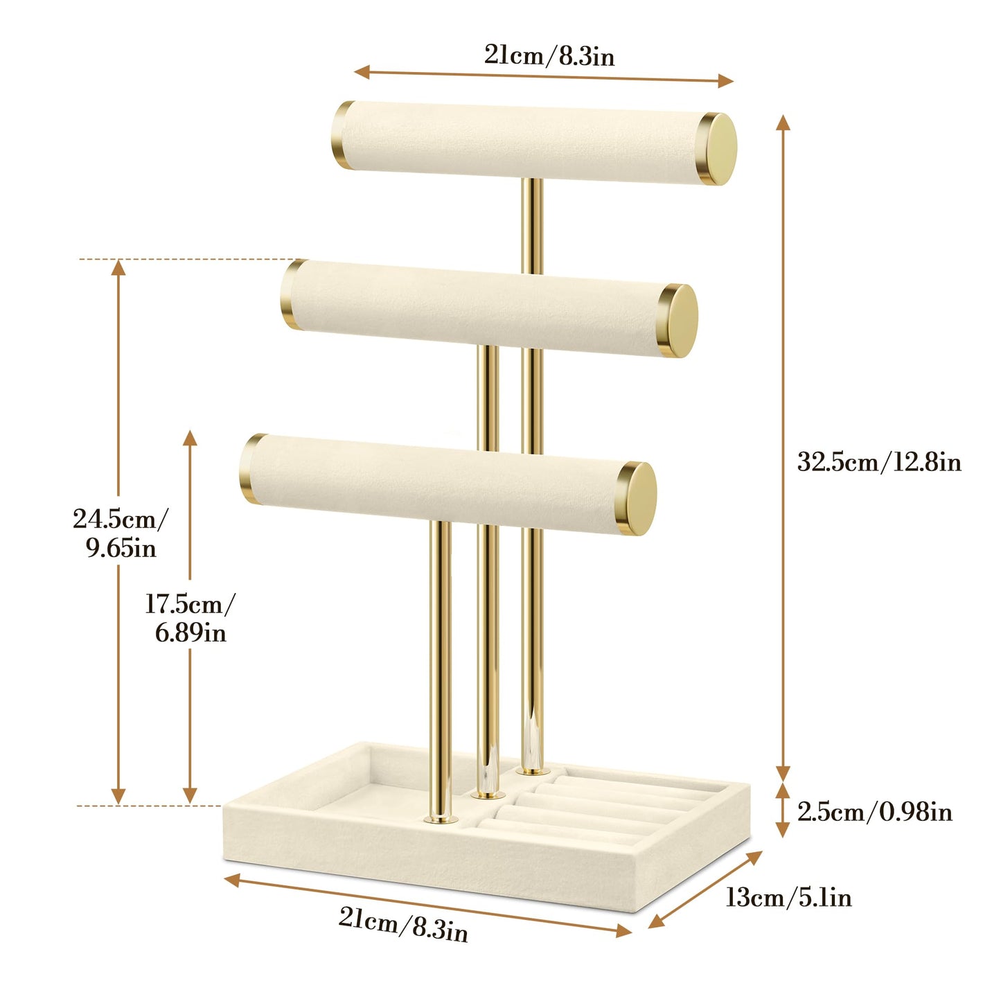Josmimic Bracelet Holder Jewelry Organizer Display - 3 Tier T Bar Velvet Stand, Beige Jewelry Storage for Bracelet, Necklaces, Watches