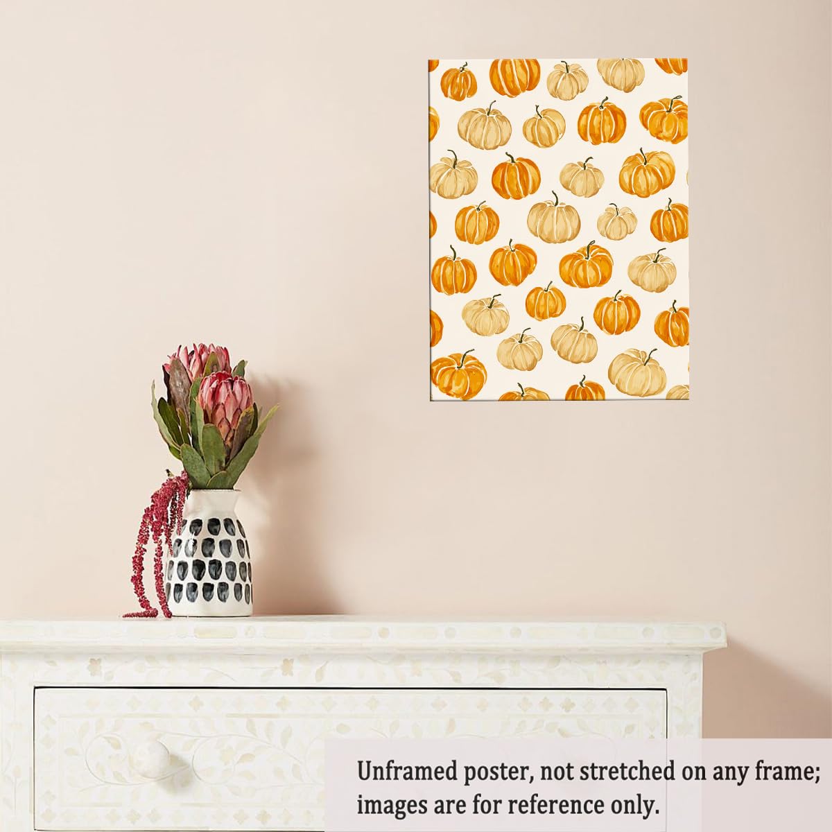 Pumpkin Pattern Wall Art – Modern Fall Illustration Print with Beige and Orange Gourds, Seasonal Autumn Canvas for Farmhouse Dining Room or Entryway 12x16in Unframed