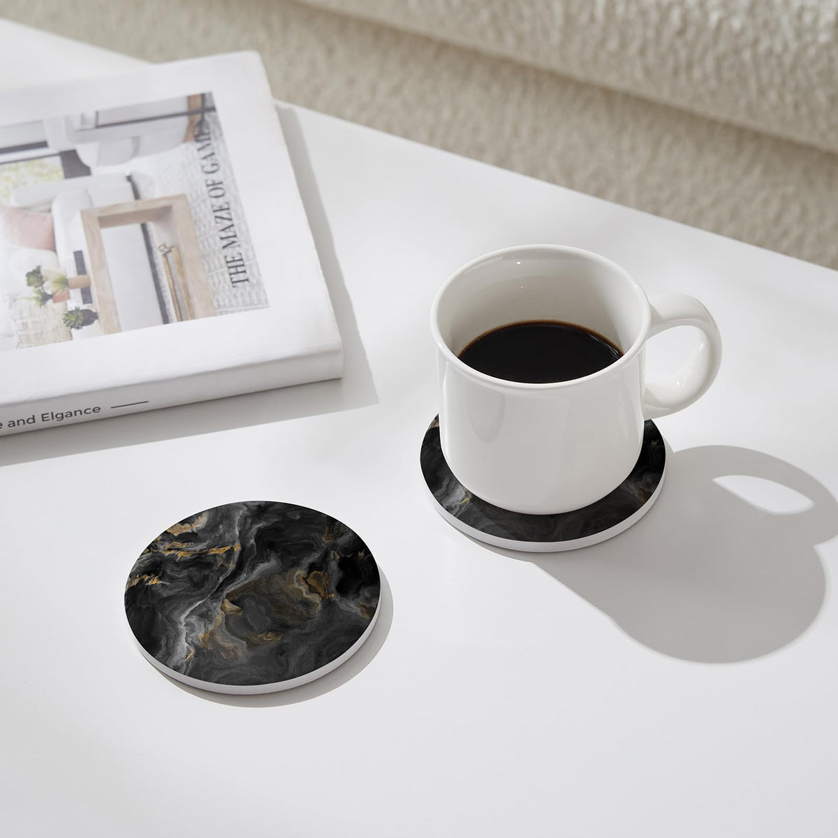 Hoomey Set of 6 Abstract Black Marble Coasters with Holder, Absorbent Ceramic Coasters for Drinks, Coasters with Cork Backing for Table Protection, Housewarming Gifts for New Home