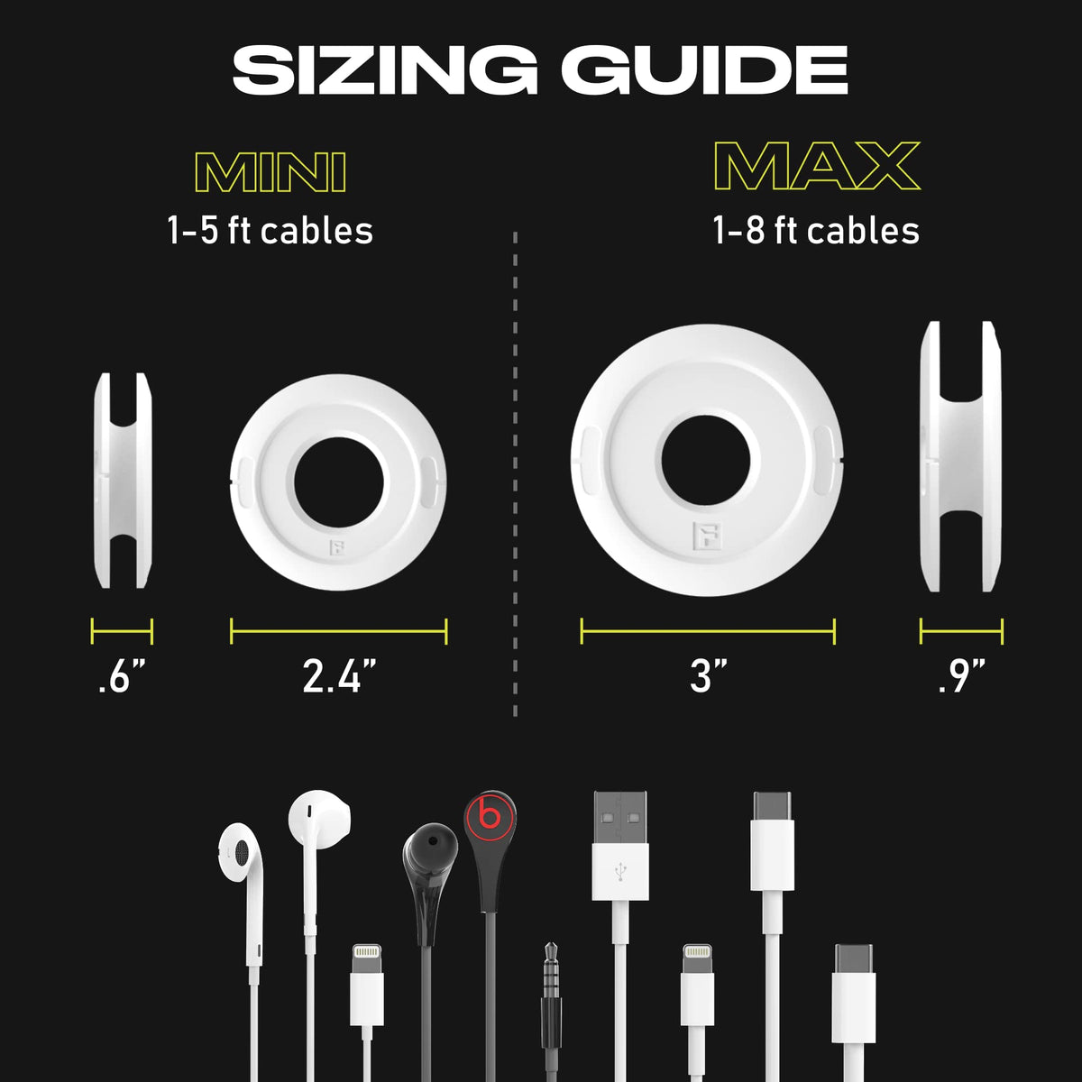 Side Winder Mini and Max Headphone, Earbud and Charging Cable Winder and Organizer Perfect for Wrapping Earbuds and Cords for Travel and Organization 4-Pack (Black, Max)