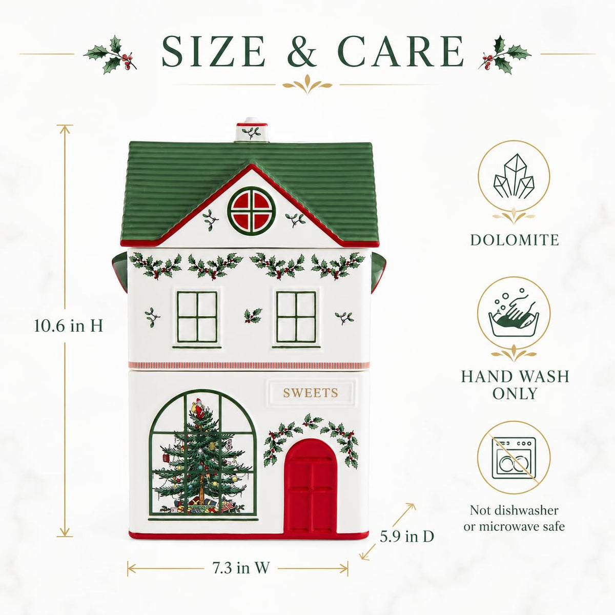 Spode Christmas Village Canister with 3 Compartments - Festive Dolomite Holiday Storage Container for Food, Cookies, Treats, Baking Ingredients- Christmas House Design - Giftable Set for Holidays