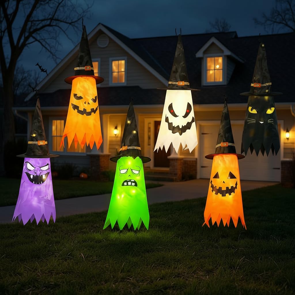 Qilery 6 PCS Hanging Witch Ghost Hats Decorations - Halloween Hanging Ghosts Decorations Outdoor - 31 Lighted Pumpkin, Cat, Mummy, Vampire, Zombie Theme for Yard Tree Porch Patio Garden Party