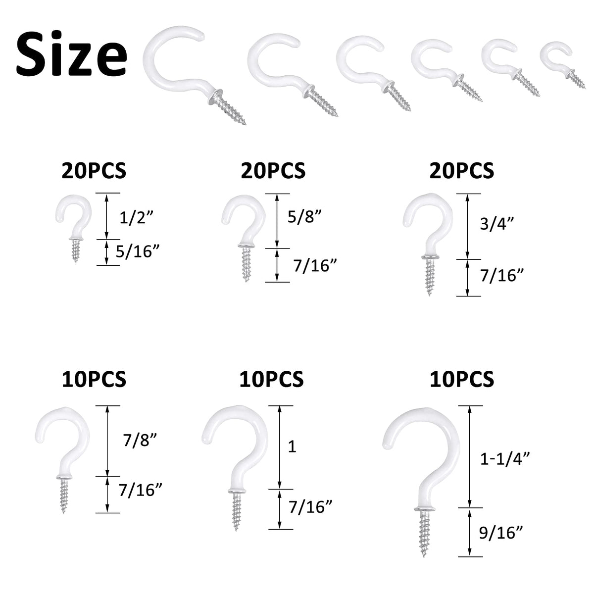 Romeda 90 Pcs White Ceiling Hooks kit, 6 Sizes Vinyl Coated Screw-in Plant, Kitchen, Cup, Ceiling Hooks for Hanging (1/2in, 5/8in,3/4in,7/8in,1'',1-1/4in)