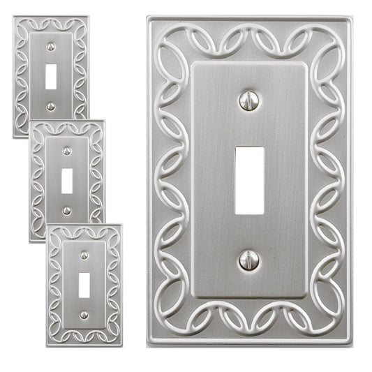 OKAWYC Single Toggle Light Switch Cover Plate, 4-Pack Brushed Nickel NovaBloom Metal Wall Plate 1 Gang, for Light Switch Cover, Switch Cover Decorative Wallplate, Durable