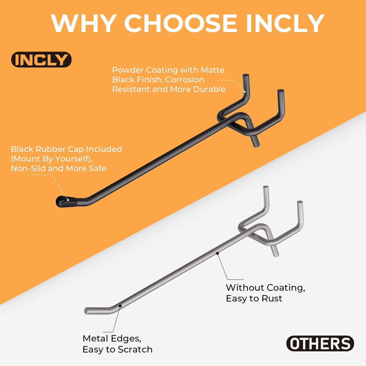 INCLY 120 Pack Black Pegboard Hooks, 4/6/8 Inch Peg Board Shelving Hooks Accessories, Peg Board Tool Hangers Fit for 1/8“ and 1/4" Pegboard Hanging Tools for Garage, Craft Room, Kitchen, Store