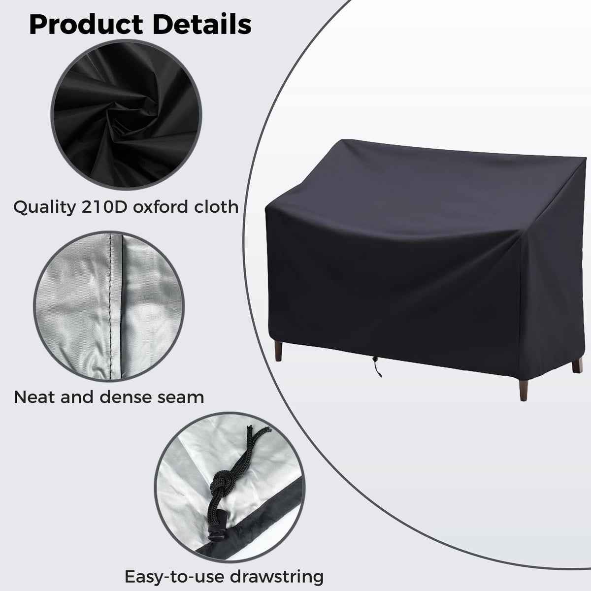 Outdoor Bench Cover, 2 Seater Patio Bench Cover, Waterproof Heavy Duty Furniture Cover with Air Vents, Buckles and Drawcord, All Weather UV Dust Protection for Porch Deck Garden, 53 x 26 x 35 in