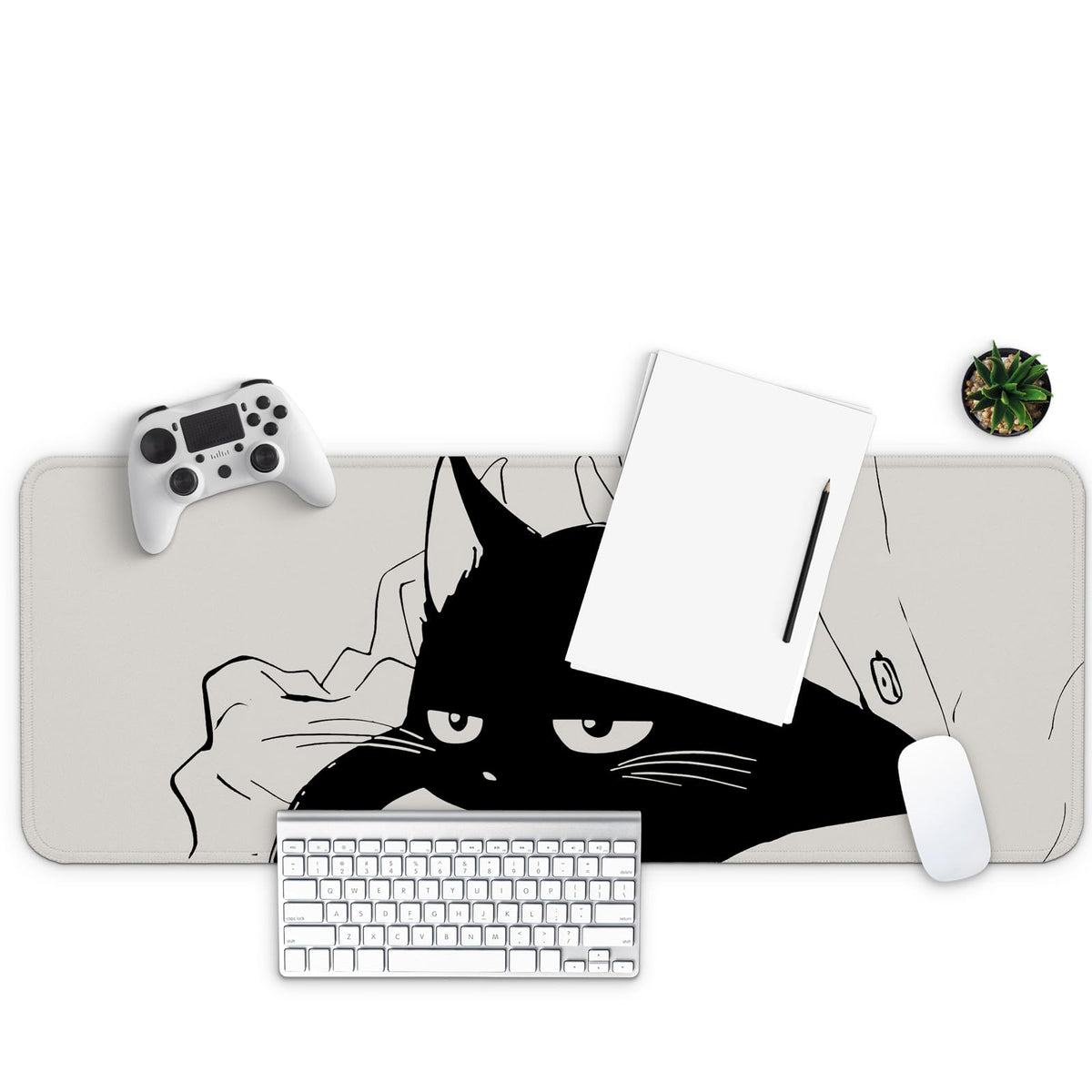 MAY FLOWER Large Gaming Mouse Pad, Full Keyboard Mat, Long Laptop Mousepad, Computer Mouse Mat for Home and Office, Anti-Slip Rubber Base, 31.5 x 11.8 Inches (Black Cat)
