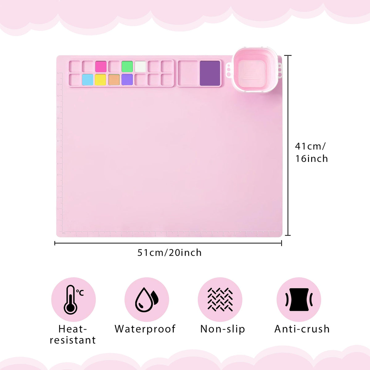 MEKOTRIN Silicone Painting Mat, 20"X16" Art Mat with Cup and Palettes, Silicone Craft Mat has 16 Color Dividers, Paint Mat for Artist Clay DIY Creations(Pink)