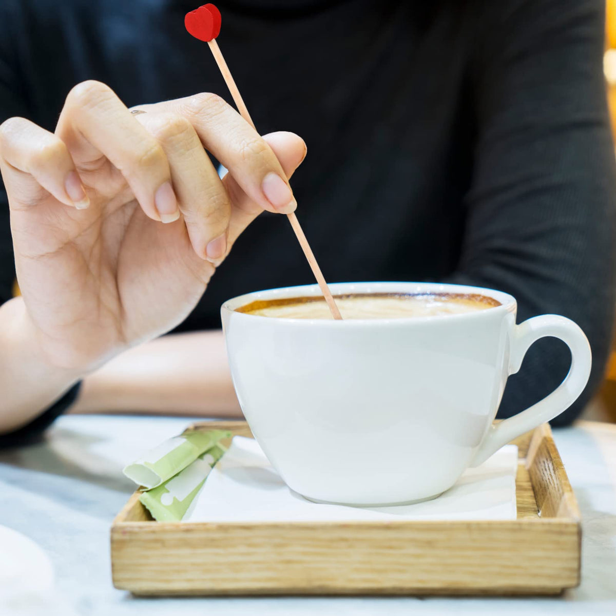 Operitacx 100 Pcs Wooden Coffee Stirrers Red Heart Stir Sticks Disposable Cocktail Stirrers Drink Stir Sticks for Wine Milk Coffee Cocktail 6.1 Inch Straws