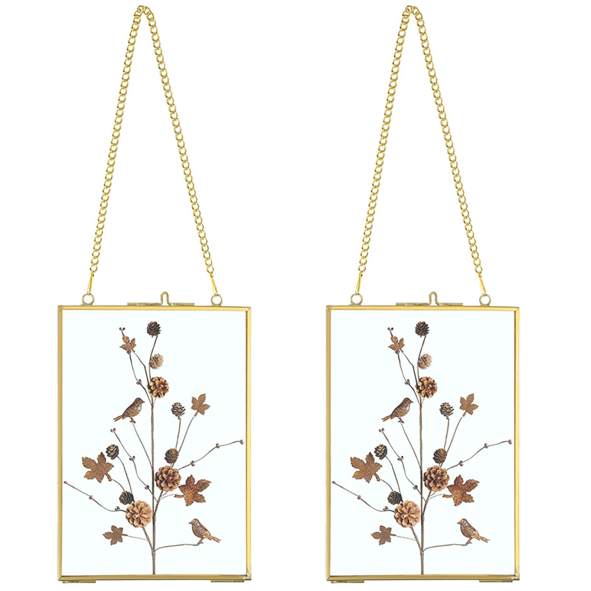 JUXYES Set of 2 Wall Hanging Brass Frames Ornament for Pressed Flowers, Double Glass Hanging Picture Artwork Display Frame, Vertical Gold Floating Style Gallery Wall Frame for Photo Picture Poster etc, 5x7 Inches