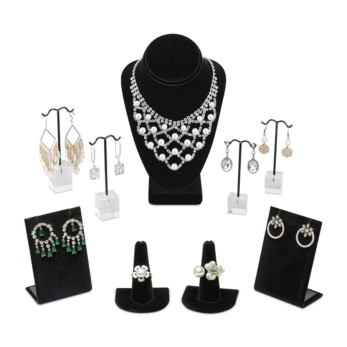 MOOCA 9 Pcs Jewelry Display Set, Necklace Display Bust, Earring Organizer, Ring Holder Stand for Showcase and Store, Black Velvet