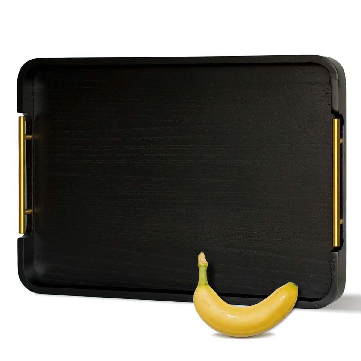 OurMiao 22" x 15.75" Black Wooden Serving Tray with Gold Metal Handles & Rounded Corners, Large Rectangular Wood Ottoman Tray for Living Room, Coffee Station