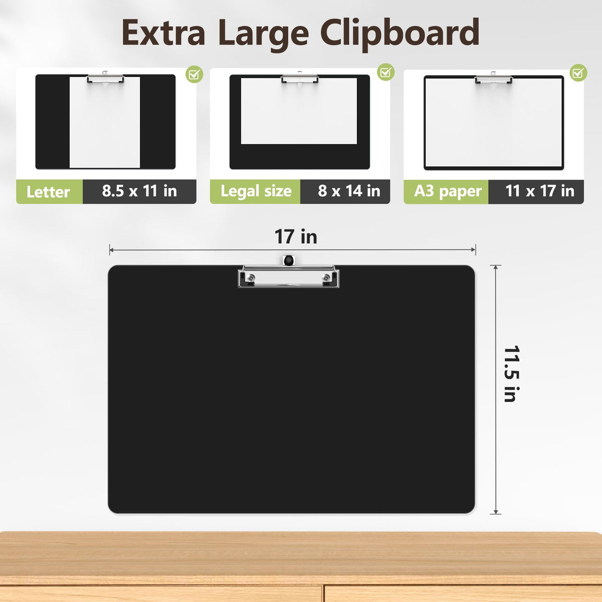 Juvealoe Extra Large Clipboard, 11 x 17 Black Plastic Drawing Boards, Horizontal Clip Board, Landscape Layout, Suitable for Sketching, Watercolor. Drafting & Art Supply