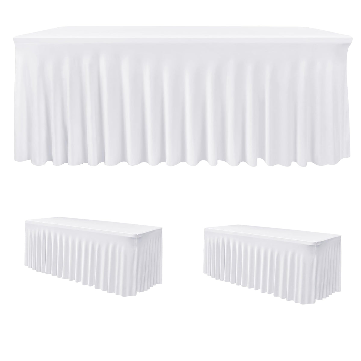 HolidayIdeas 2 Pack Spandex Table Skirt for 6 Ft Rectangle Tables, White Fitted Stretch Tablecloth 30 x 72 Inch, Wrinkle Resistant Ruffle Design for Wedding Banquets, Baby Showers, Parties