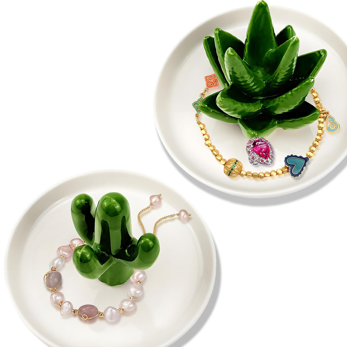 Seuqhck Ceramic Ring Holder Dish Set of 2 - Cactus & Aloe Jewelry Organizer Tray for Rings, Earrings, Necklaces, Decorative Succulent Trinket Dish for Home Decor, Wedding, Birthday Gifts for Women