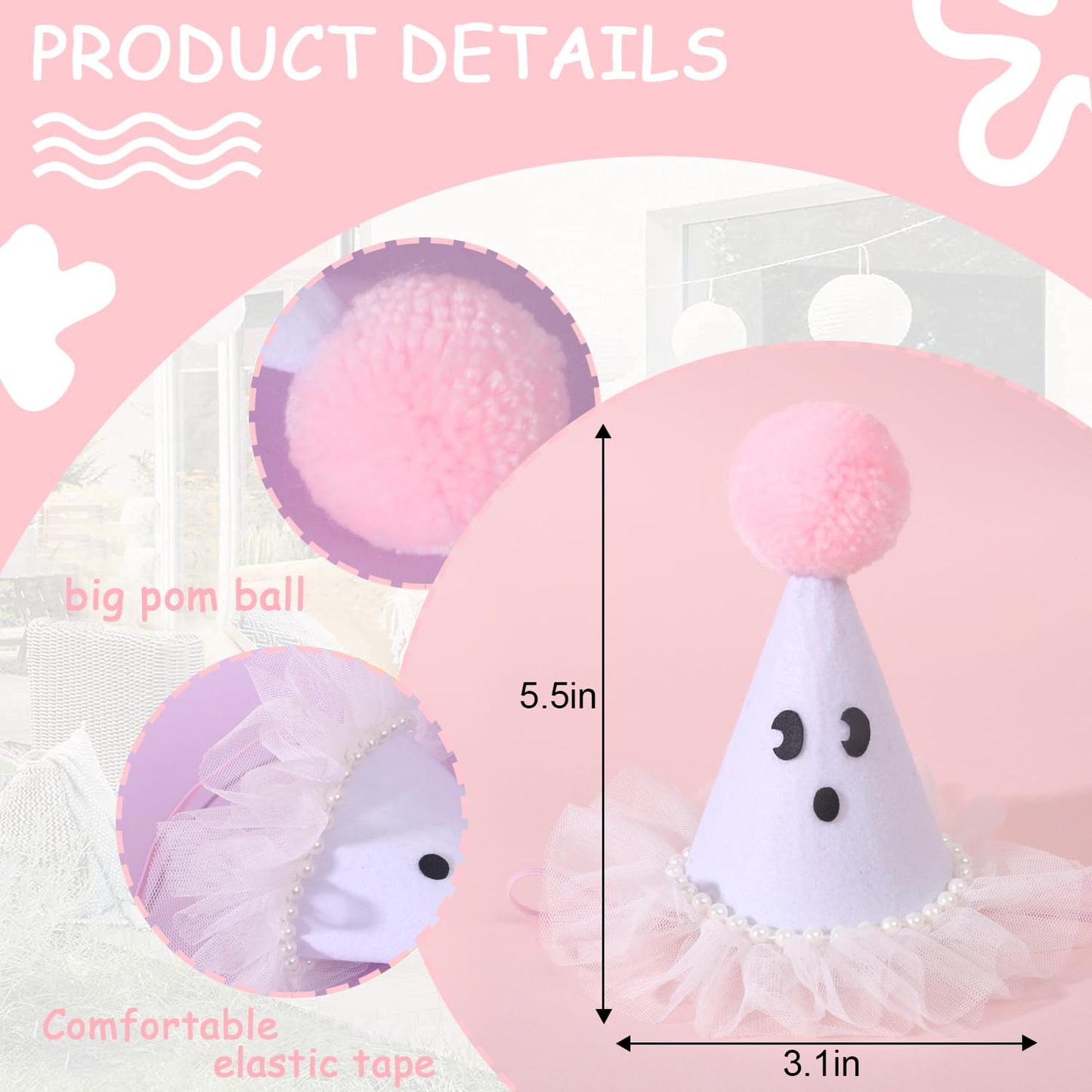Agkvw Halloween Ghost Birthday Hat for Girls - Pink Ghost Tulle Birthday Hat, Cute Halloween Bday Decor, Spook One 1stBirthday decor, Two Spooky Bday Decoration for Girls