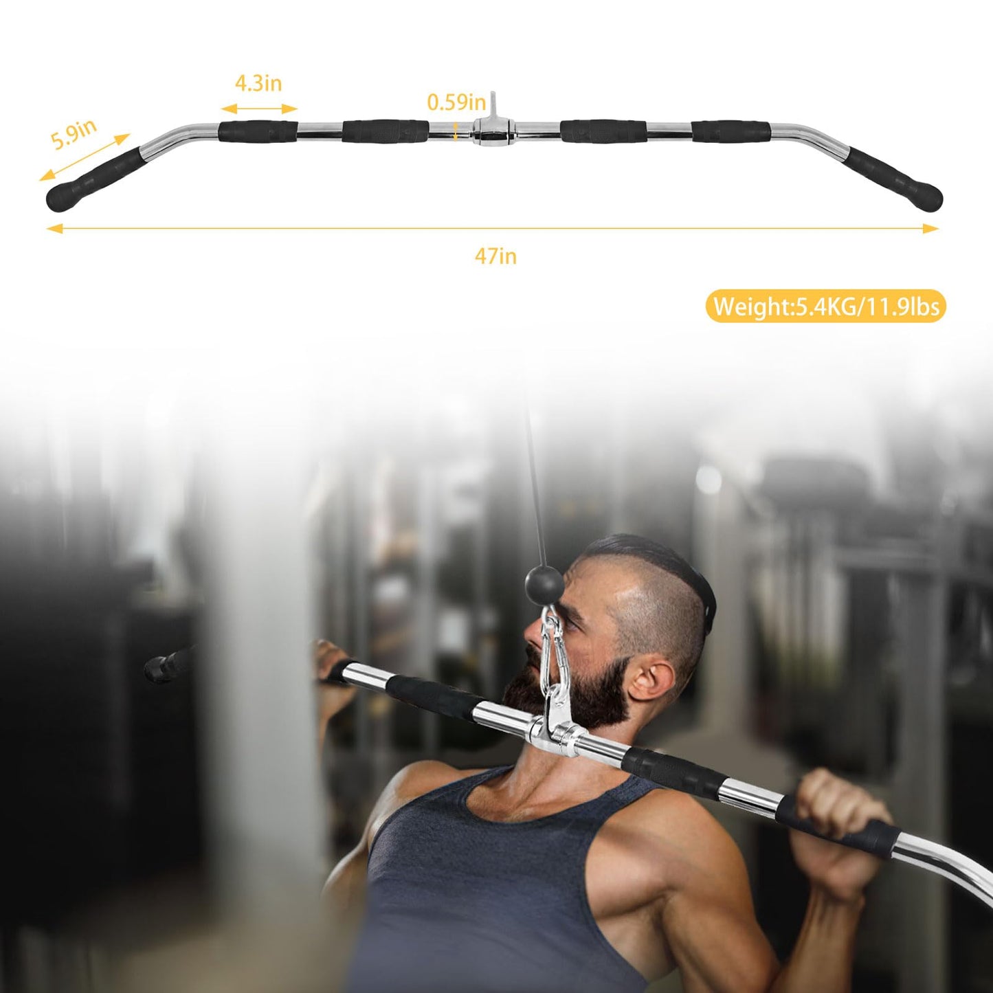 47In LAT Pull Down Bar Attachment: Heavy Duty Lat Pulldown Bar with Full Rotation & Rubber Handle for Gym Home Pulley Cable Attachments