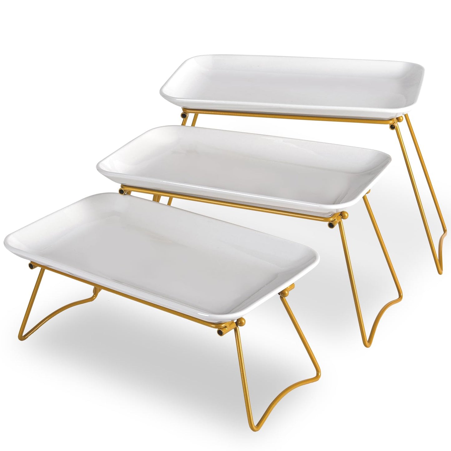 HAPPY KIT 3 Tier Serving Tray Set with Gold Freely Combinable Rack,12 Inch Tiered Tray Stand,Widened Porcelain Platters,Decor Cupcake Stand for Christmas Party Display,Dessert Trays Collapsible