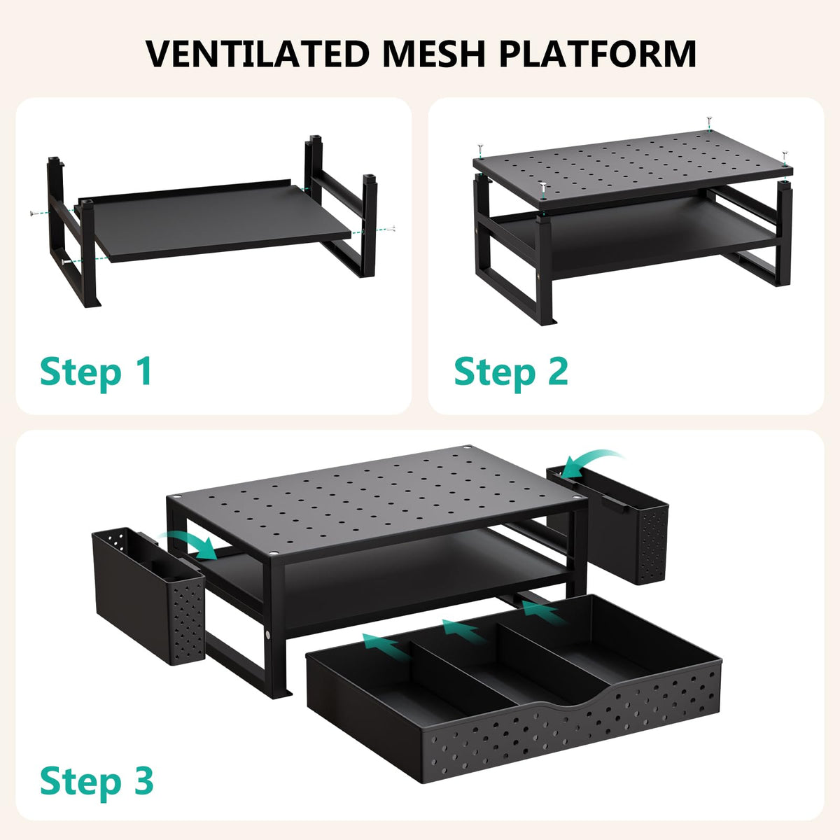 WALI Monitor Stand Riser with Drawer and 2 Pen Holders, Desk Organizers and Accessories for Computer, Printer, Laptop Stand for Home Office Supplies, (PTT004-B), 1 Pack, Black
