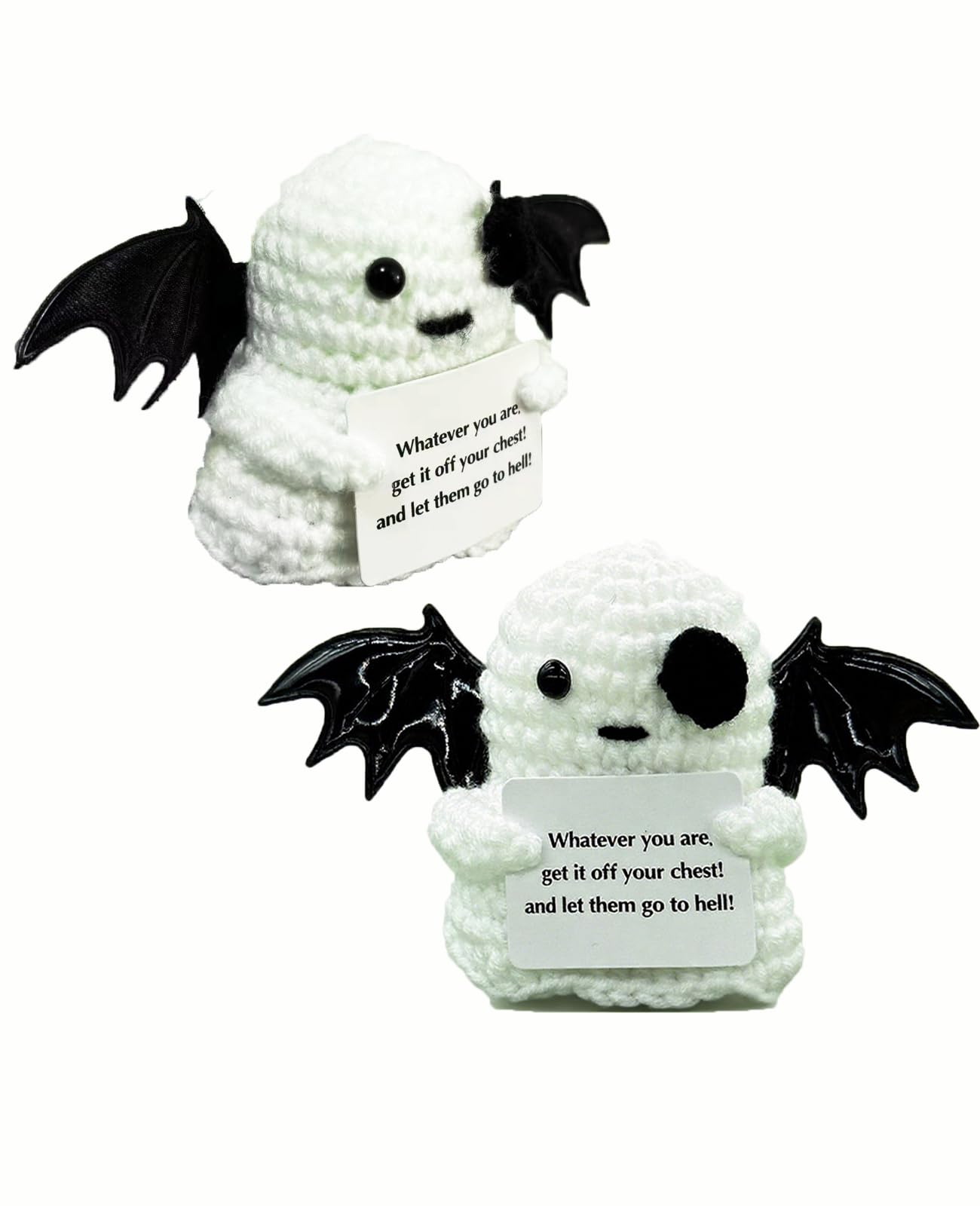 2 Packs Cute Crochet Gifts Decor for Men Women Kids, Positive Crochet Animals Emotional Support Handmade Mini Ghost Dolls with Positive Cards Basket Stuffers for Desk Home Decor