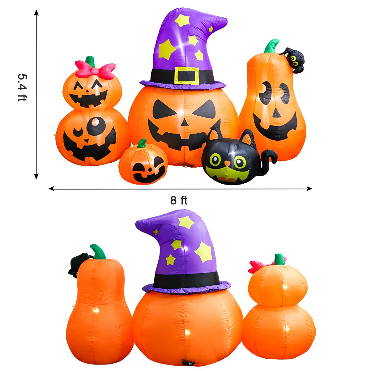 Meland 8FT Halloween Inflatable Pumpkins - Inflatable Halloween Pumpkin Lantern Family with Wizard Hat & Black Cat, Blow Up Outdoor Decor with Built-in LED Light for Yard Garden Lawn