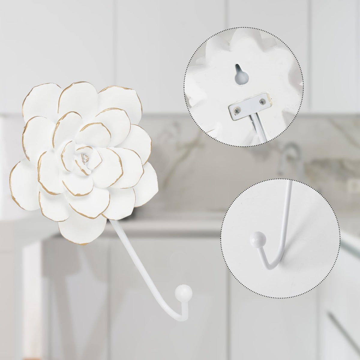 Guichifun Flower Coat Hooks Wall Decor - 2pcs Resin White Decorative Wall Hooks for Hanging Clothes Coats Towels Keys Bags Hats Bathroom Home Decoration Gift 4 x 1.5 x 7 Inch