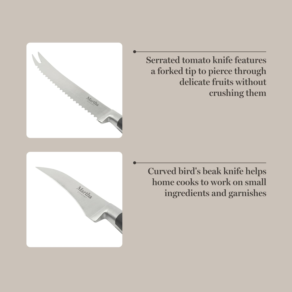 Martha Stewart Carverton 2 Piece Set 5" Tomato Knife and 3" Bird's Beak Knife Set, High Carbon Stainless Steel Kitchen Knives w/Black Triple Riveted Handle