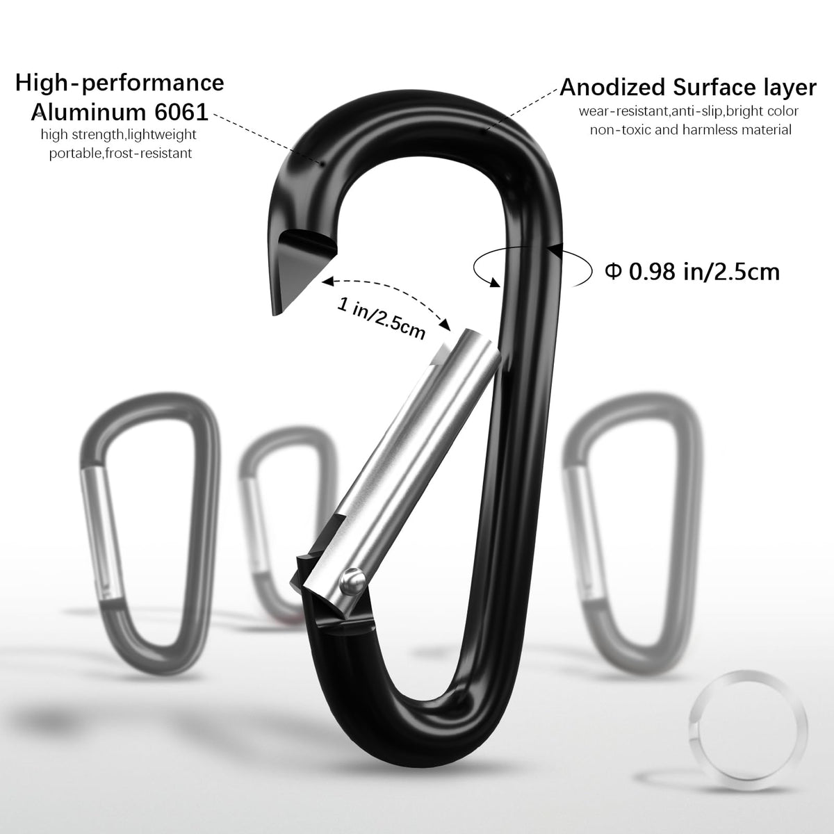 sprookber 4" Heavy Duty Aluminum Carabiners, Large D-Ring Clips, Spring Snap Hooks for Camping, Hiking, Keychain, Dog Leash (Set of 4, Black)